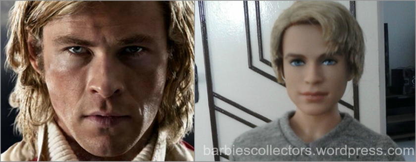 Comparação entre o ator Christopher Hemsworth, conhecido por interpretar Thor nas telonas, e o Ken Basics; Foto: Cartaz do filme Rush e foto do boneco por Magda Amaral.